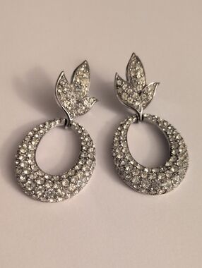 Givenchy Silver Crystal Pavé‎ Leaf Open-Hoop Earrings